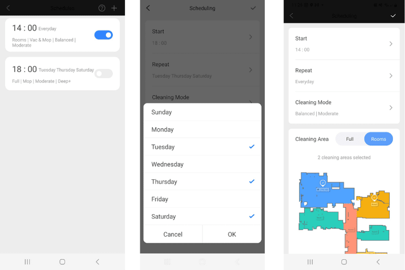 Weekly cleaning schedule settings on the Roborock app